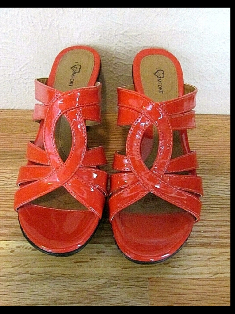 "I Love Comfort" Red Orange Strappy Patent Heel Slip-On Sandals, Size 9.5